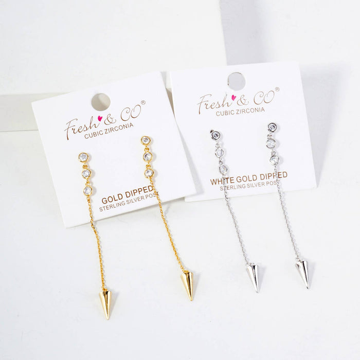 Round CZ Stone Trio with Spike Drop Chain Earrings