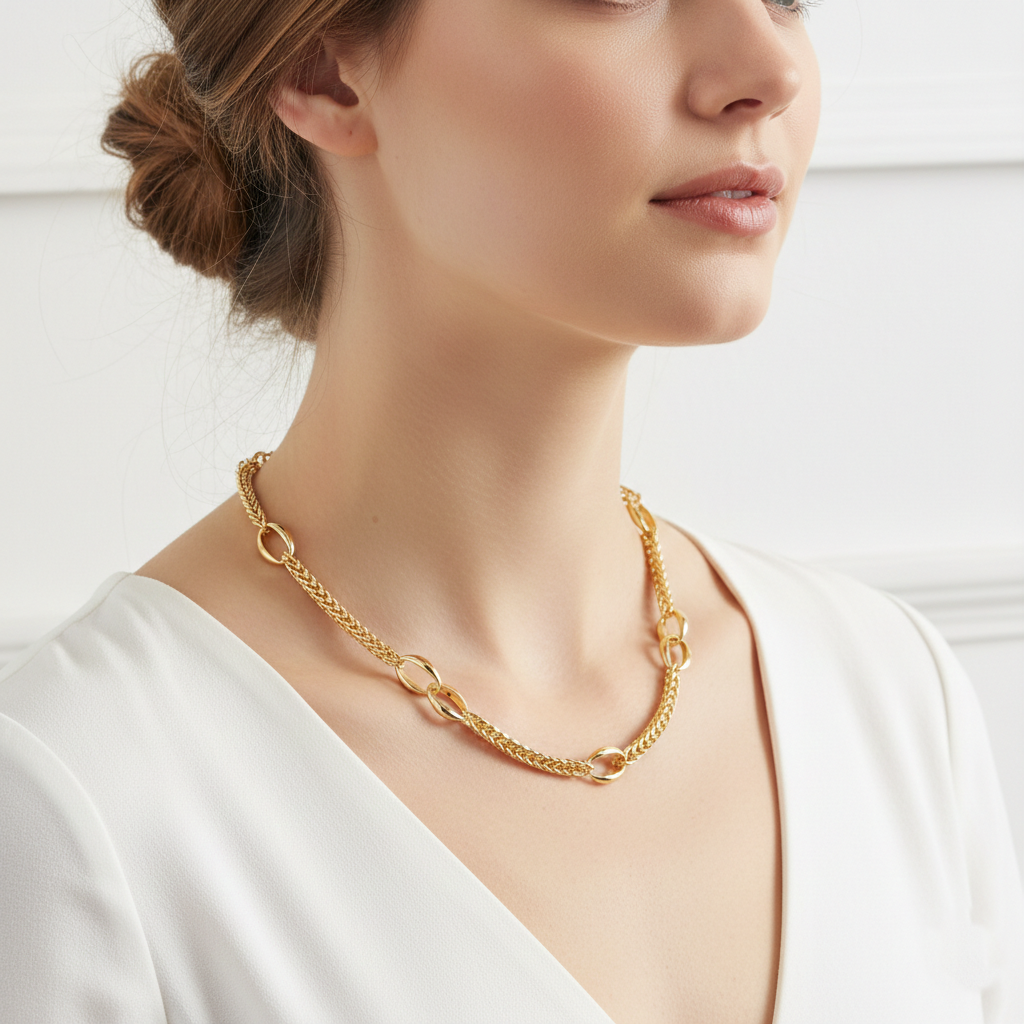 18K Gold Plated Mixed Link Wheat and Oval Chain Necklace