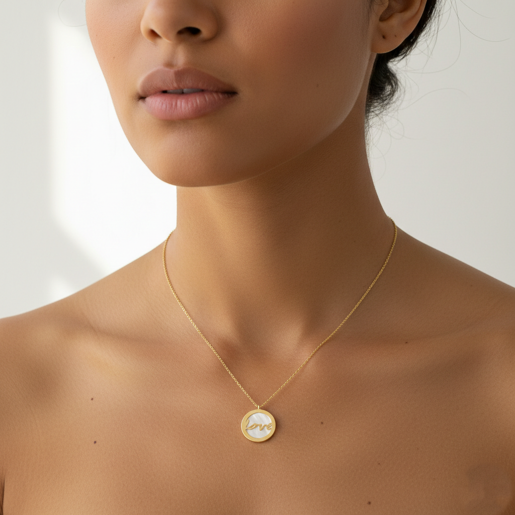 Mother of Pearl "Love" Script Disc Necklace