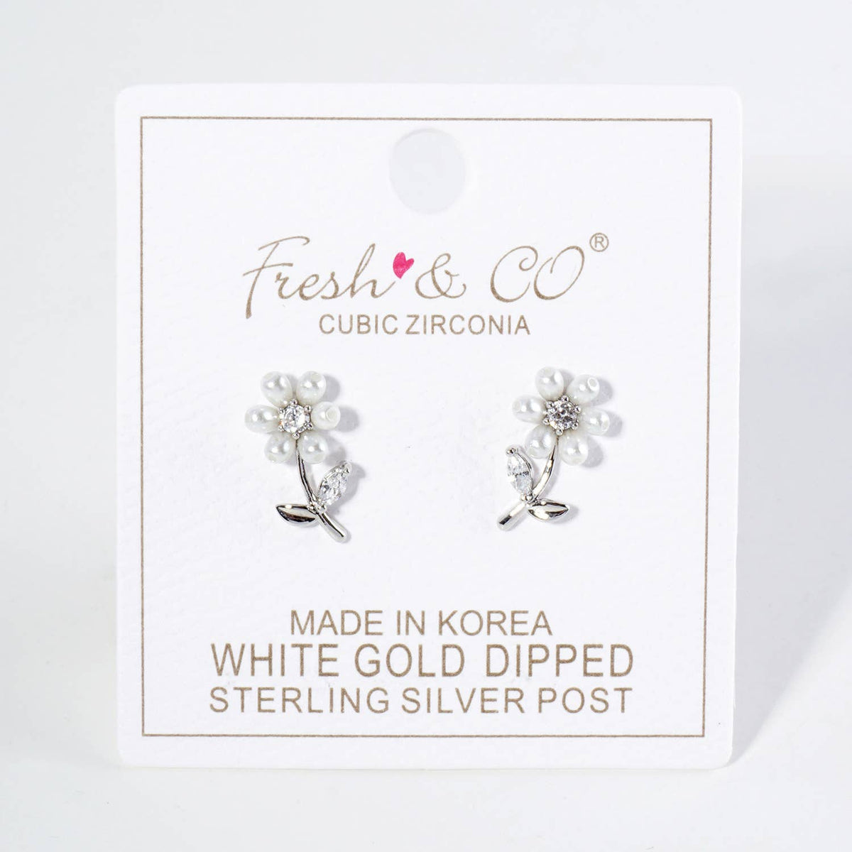 Pearl Cubic Zirconia Flower Stud Earrings / 18K Gold Dipped