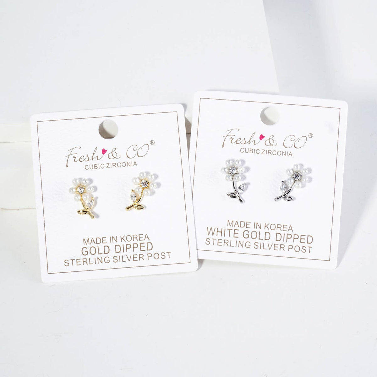 Pearl Cubic Zirconia Flower Stud Earrings / 18K Gold Dipped