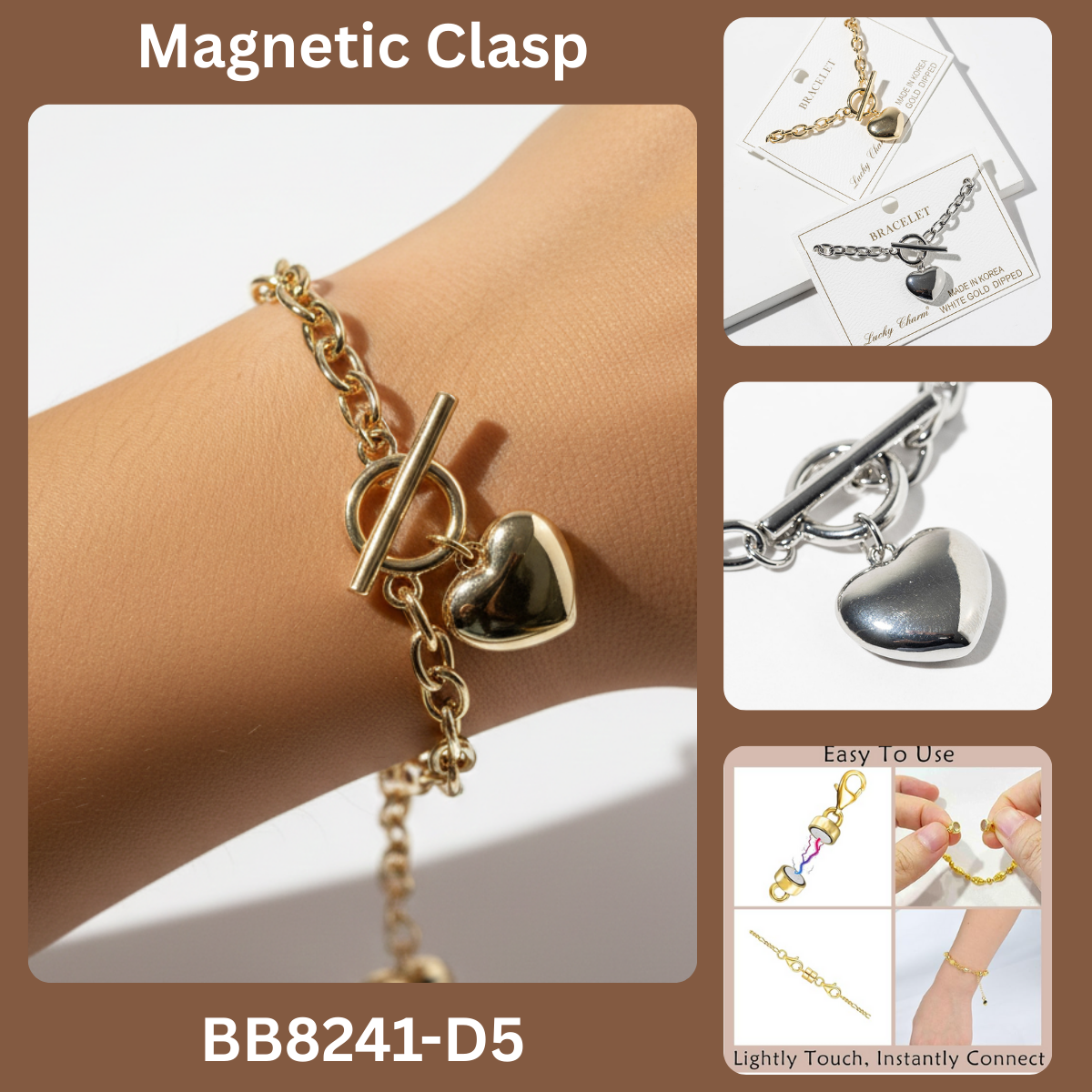 Chunky Chain Heart Bracelet with Magnetic Easy-Clasp