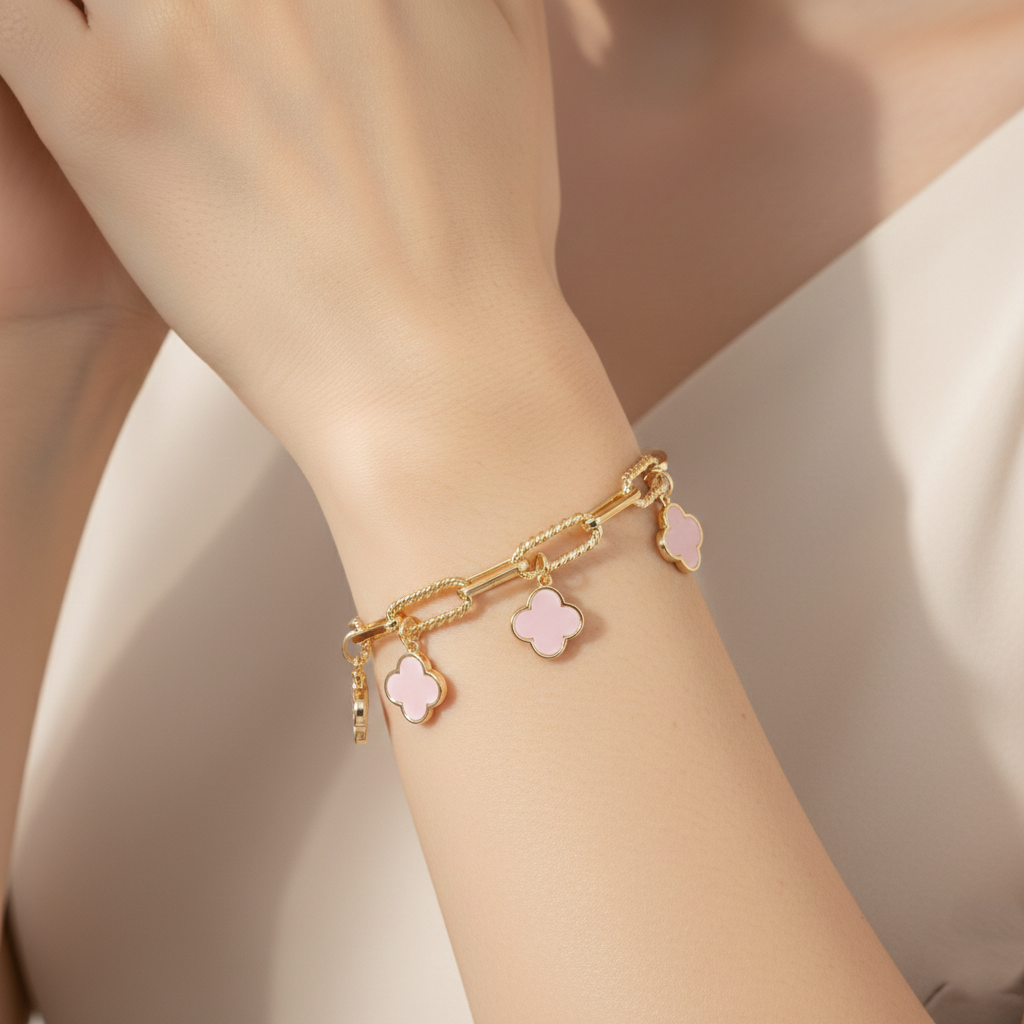 18K Gold Plated Clover Charm Paperclip Link Bracelet
