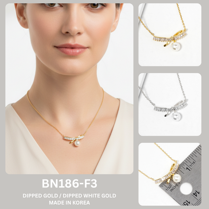 Dainty Baguette Crystal Bow & Pearl Drop Pendant Necklace