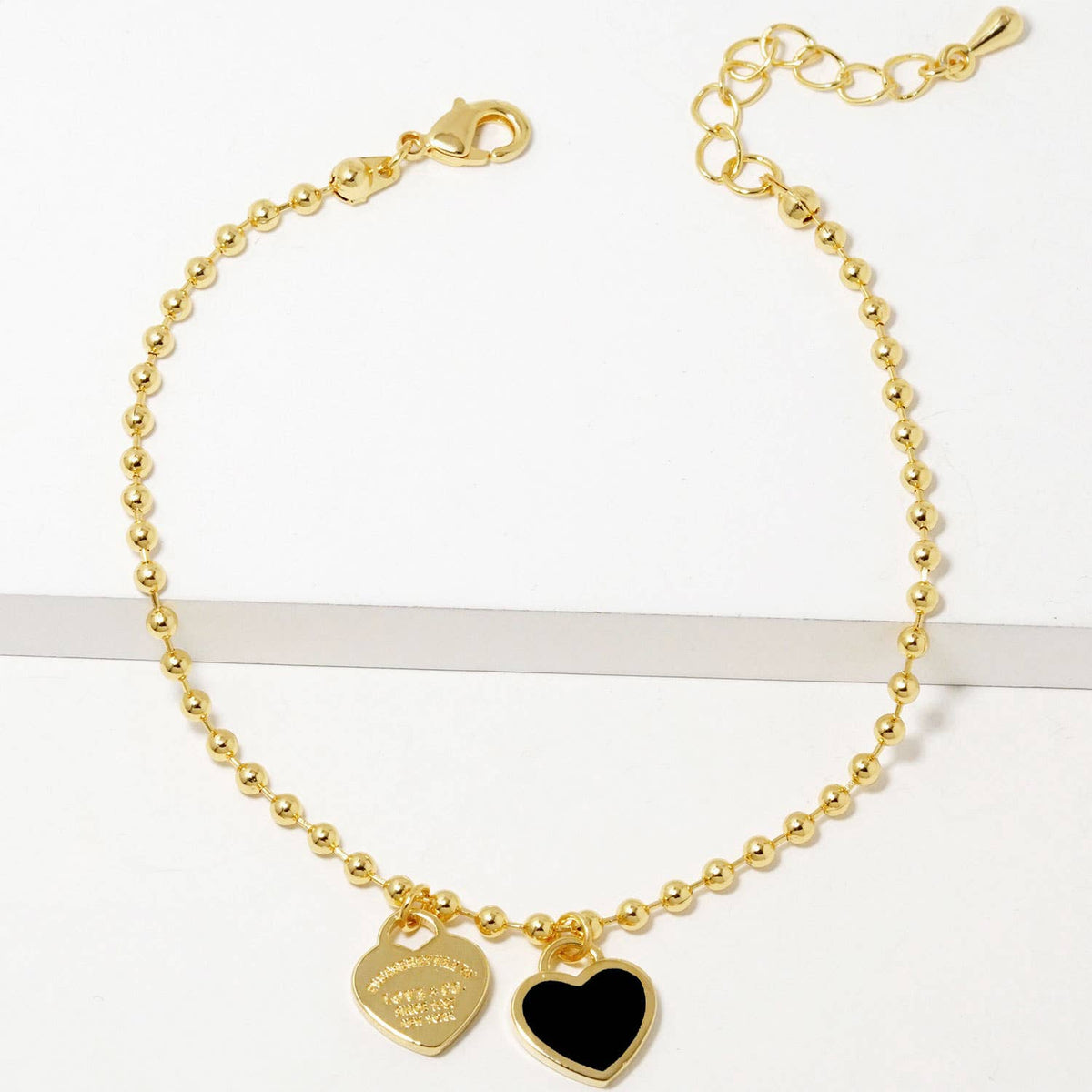 Double Heart Charm Bead Chain Bracelet - Gold & White Gold D