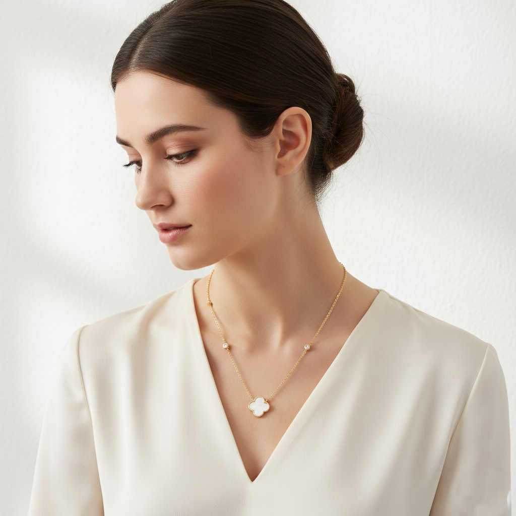 13mm Quatrefoil Pendant CZ Stone Chain Necklace / 18K Gold