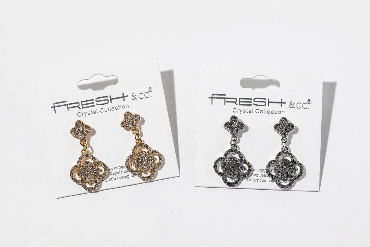 Crystal Clover Drop Earrings – Pavé Quatrefoil Dangle, Gold