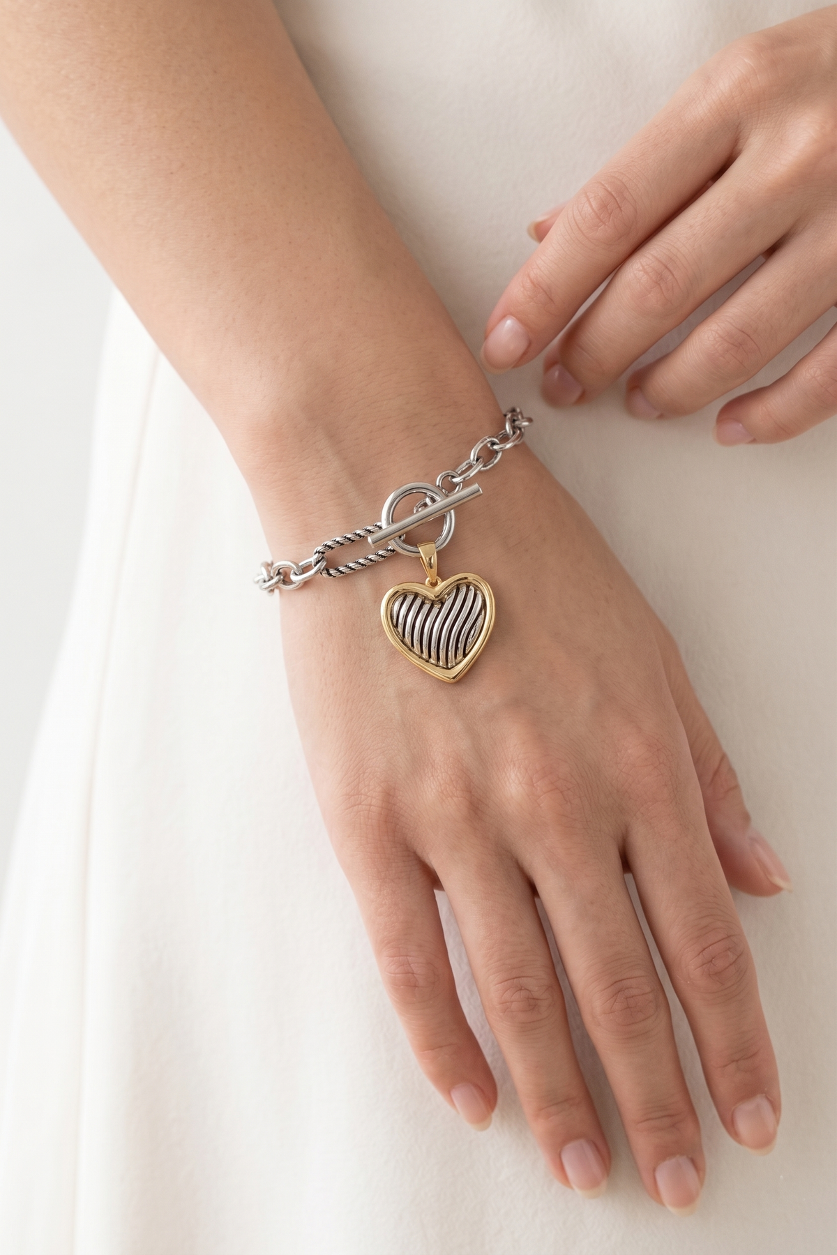 Two-Tone Mixed Chain Heart Charm Toggle Bracelet