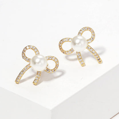 Gold Freshwater Pearl Ribbon Stud Earrings