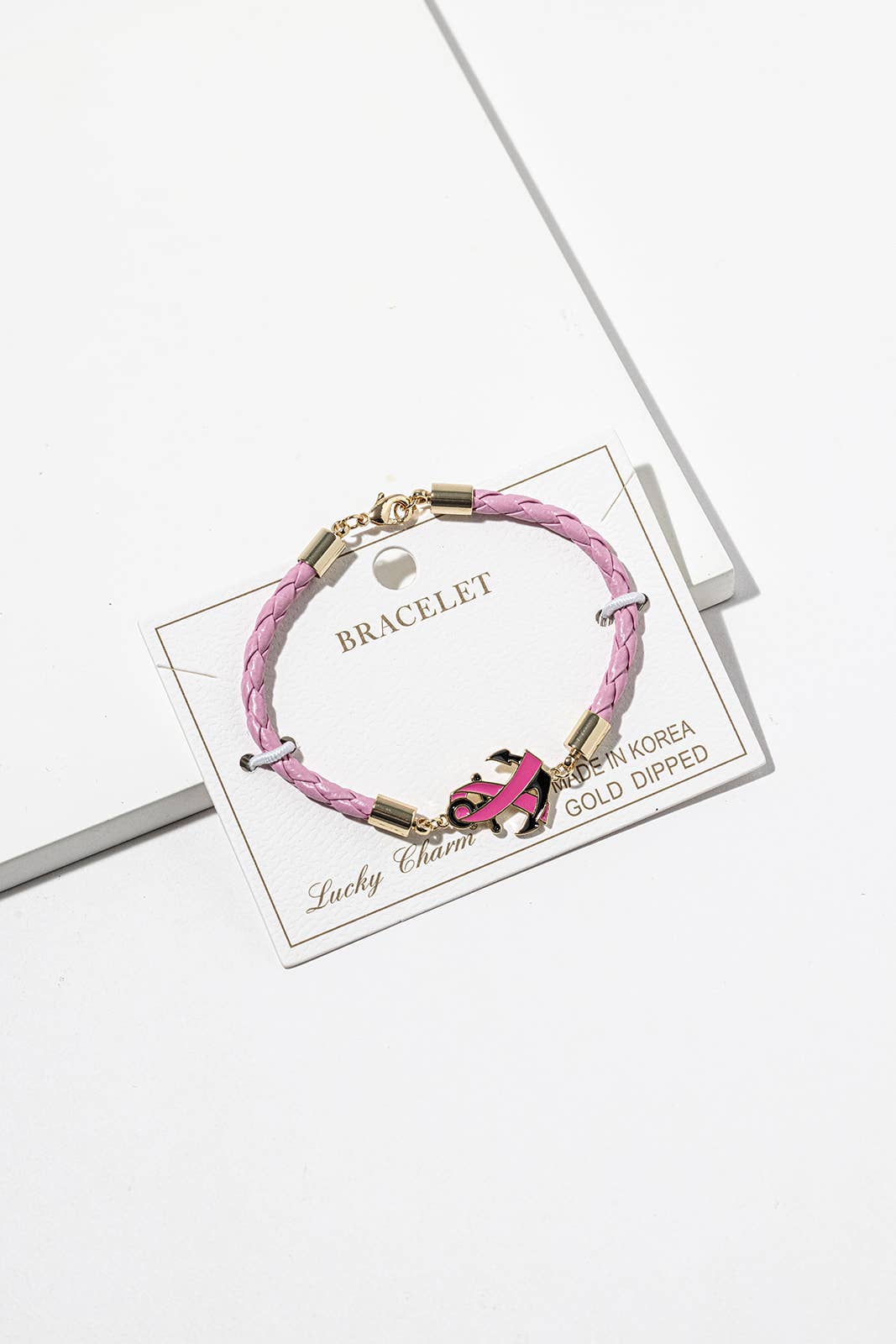 Pink Ribbon Anchor Bracelet – Gold-Dipped Braided Charm