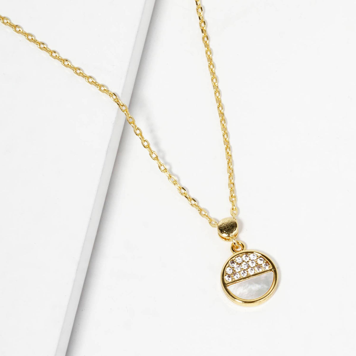 Half-Pave Half-Mother of Pearl Circular Pendant Necklace