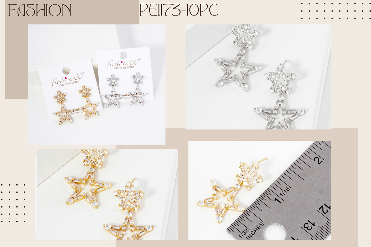 CZ-Studded Dangling Stars 18K-Gold-Dipped Brass Earrings