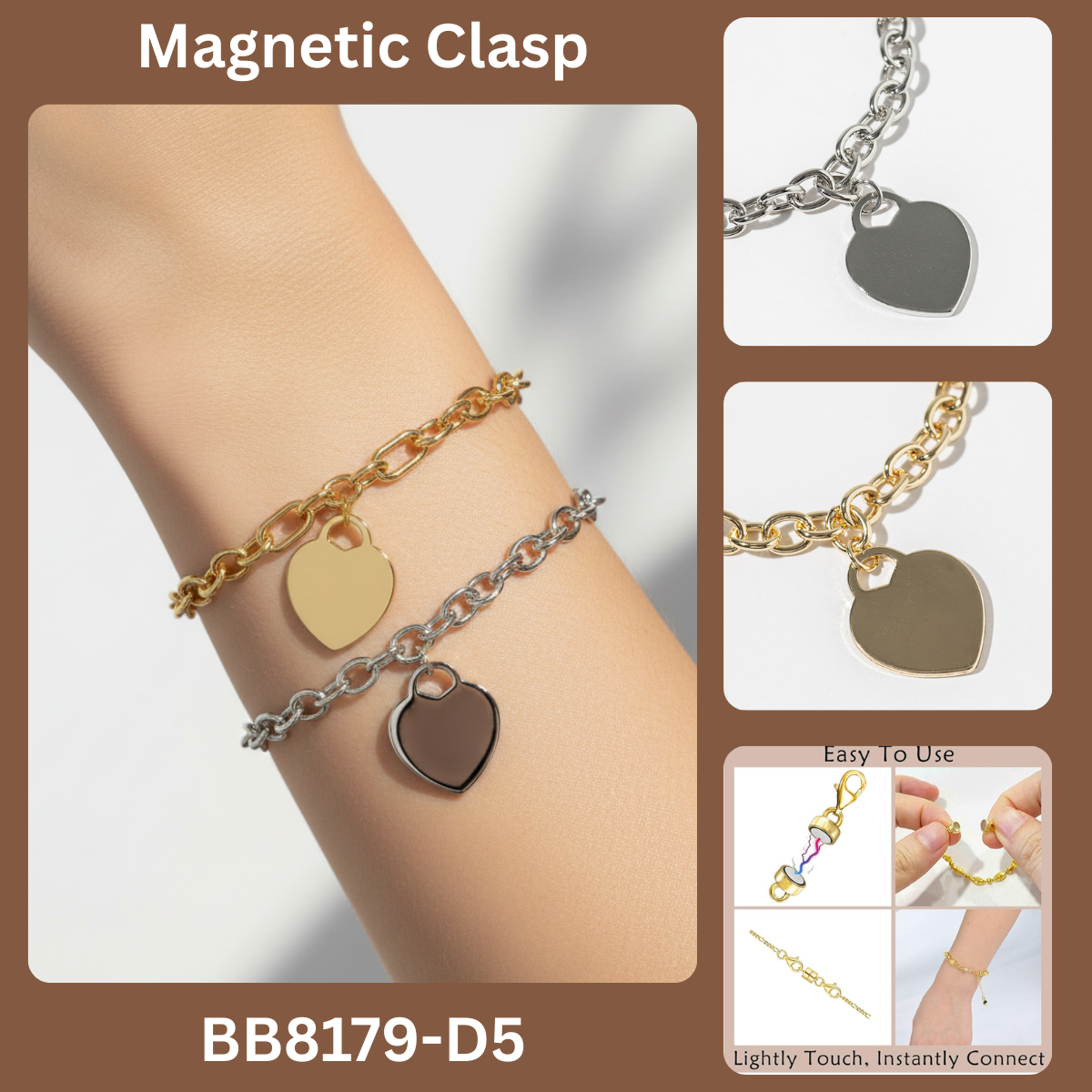Mixed Metal Two-Row Heart Charm Bracelet with Magnetic Clasp