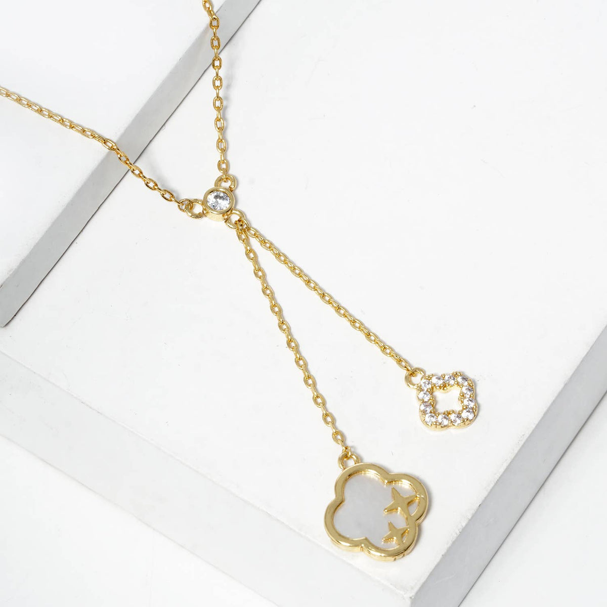 Mother of Pearl and Pave Clover Lariat Drop Necklace