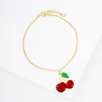 Enamel Cherry Charm Delicate Chain Bracelet