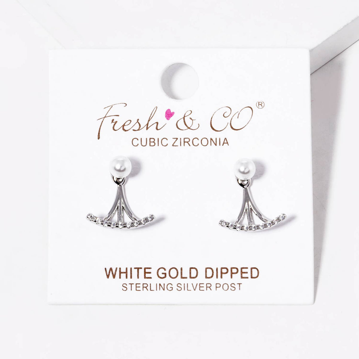 18K Gold Dipped CZ Pave Curved Bar with Pearl Stud Earring