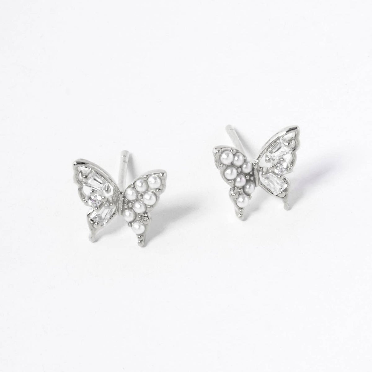 Dainty Pave Butterfly Stud Earrings with Pearl Accents