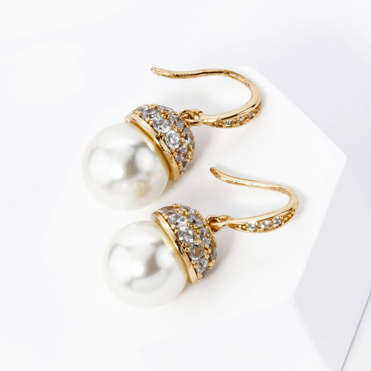 18K Gold Dipped Pave Cubic Zirconia 8mm Pearl Drop Dangle.