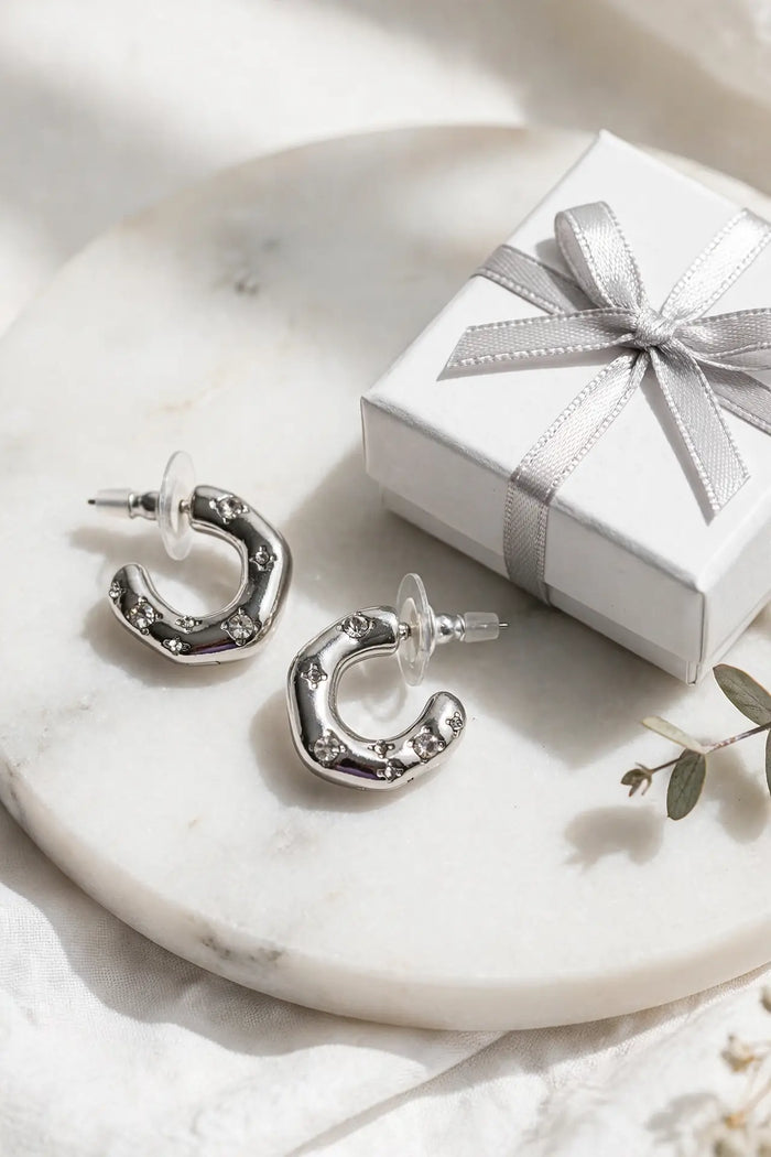 Starry C-Hoop Stud Earrings – Scattered Crystal C Curve