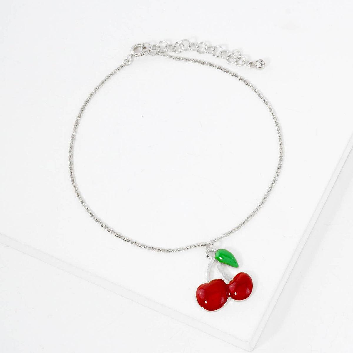 Enamel Cherry Charm Anklet in 18K Gold Plated Brass