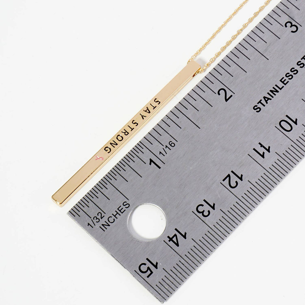 "STAY STRONG" Bar Pendant Necklace with Pink Ribbon Accent