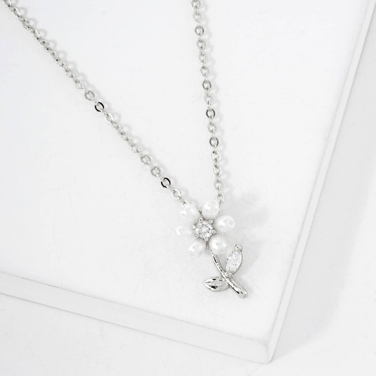 Botanical-Theme CZ Pearl Flower Pendant Necklace