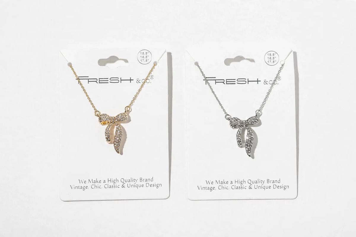 Crystal Ribbon Bow Pendant Necklace – 3D Sculpted Bow