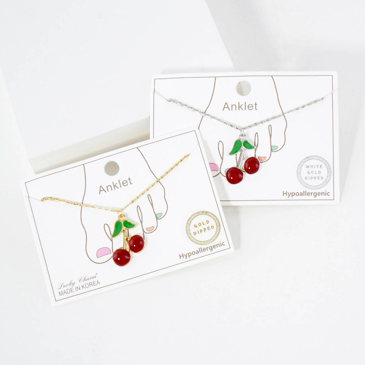 Enamel Cherry Charm Dainty Anklet - Gold & Silver Toned