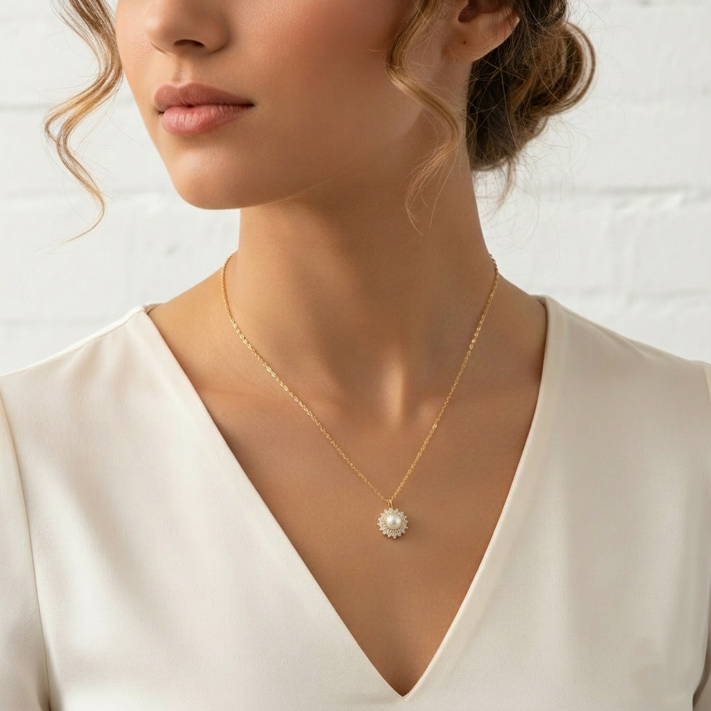 Vintage-Inspired Pearl Sunburst Halo Pendant Necklace
