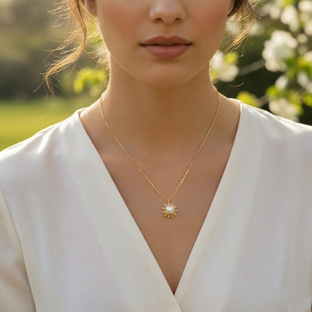 Dainty Pearl Sunflower Pendant Necklace