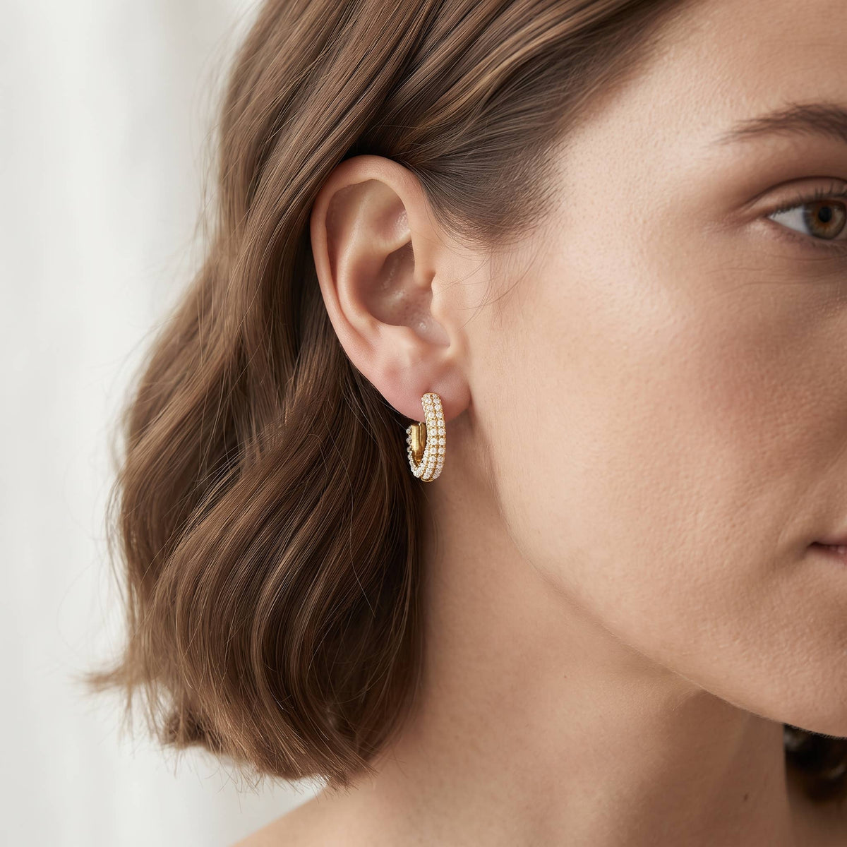 Dainty Triple Row Pave Cubic Zirconia Huggie Hoop Earrings