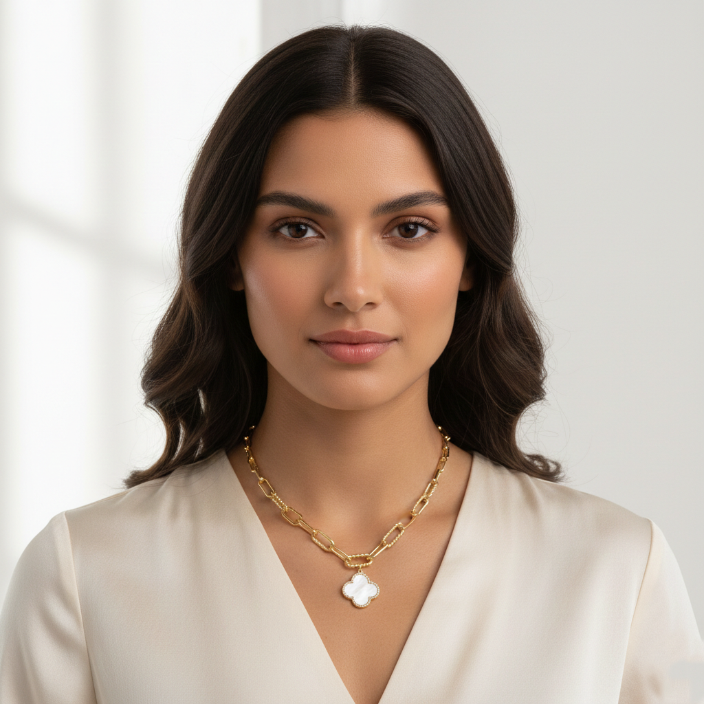 Chunky Paperclip Chain Clover Pendant Necklace