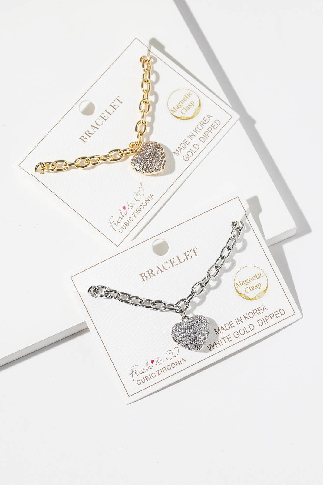 Pave Heart Charm Link Bracelet with Magnetic Clasp
