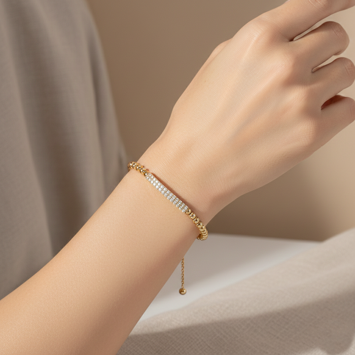 Beaded Stretch with CZ Pave-Set Curved Bar Accent Bracelet