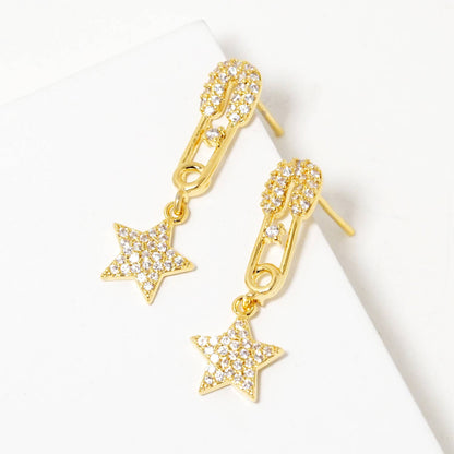 Dainty Pavé Star & Safety Pin Drop Earrings