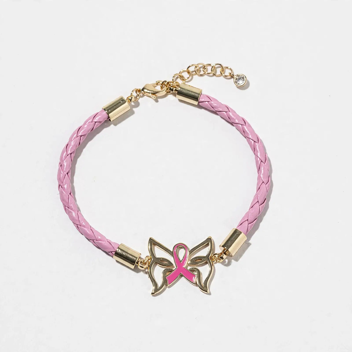 Pink Ribbon Butterfly Bracelet – Gold-Dipped Braided Charm