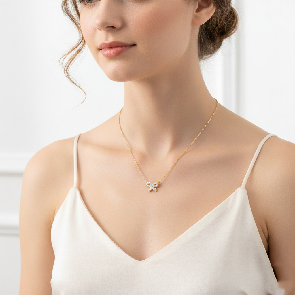 Dainty Pave CZ Bow Ribbon Necklace