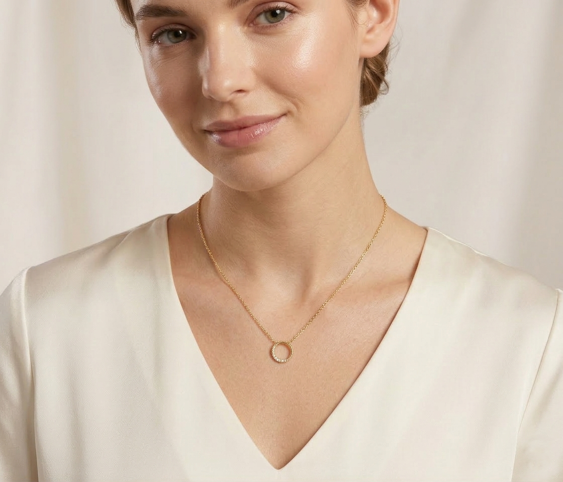 Minimalist Pave CZ Circle Pendant Necklace