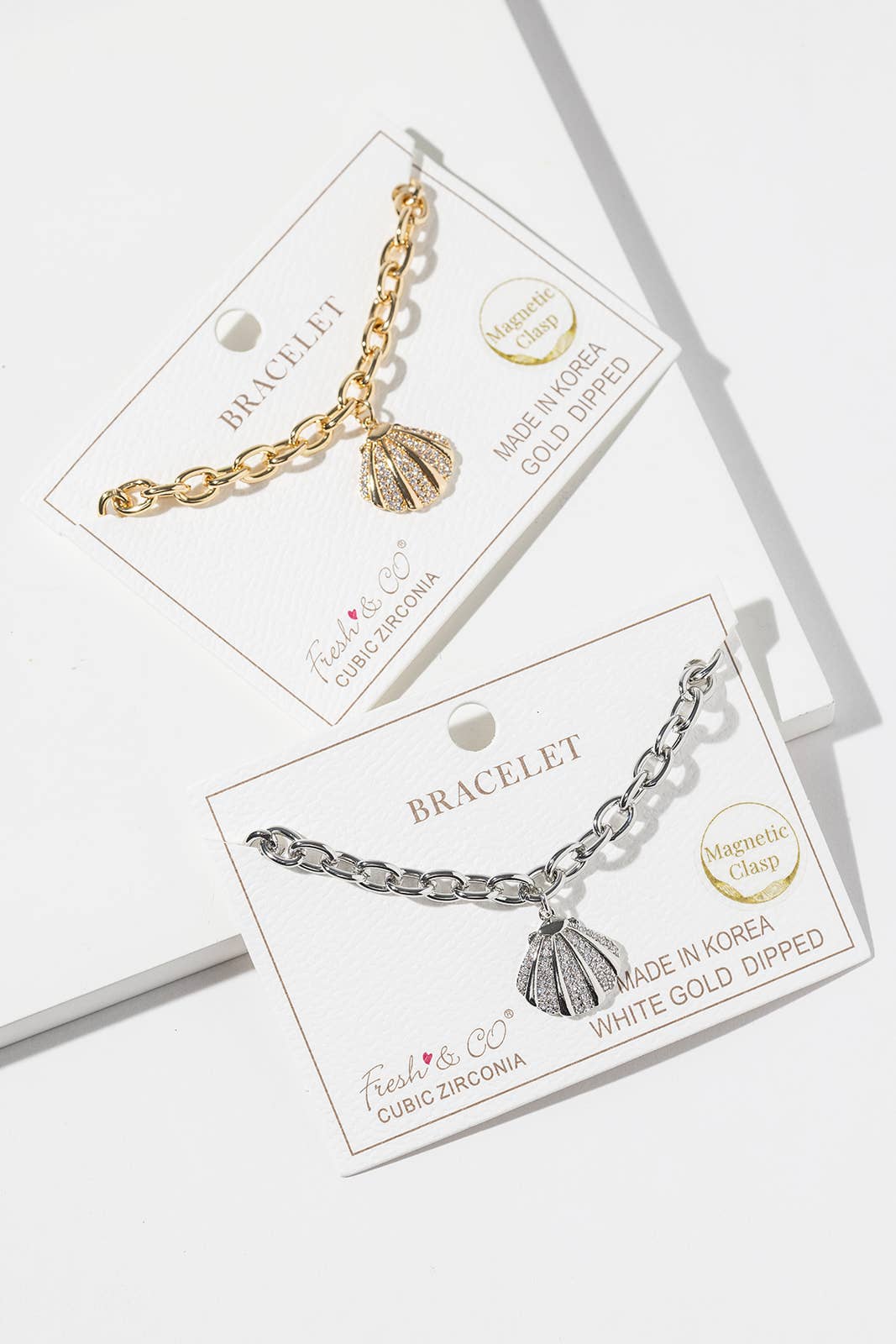 Cubic Zirconia Seashell Magnetic Clasp Link Chain Bracelet