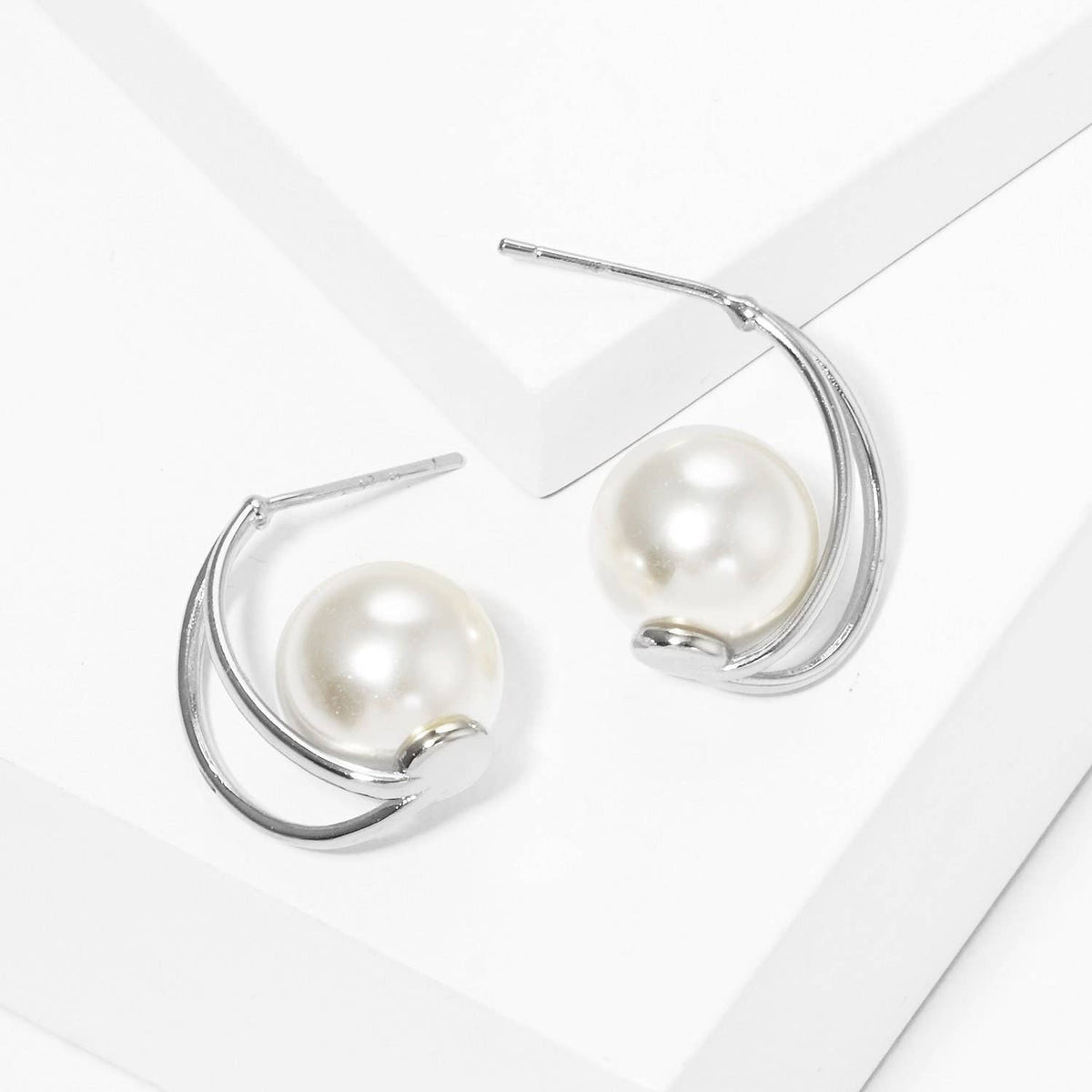 Gold Freshwater Pearl Moon Stud Earrings