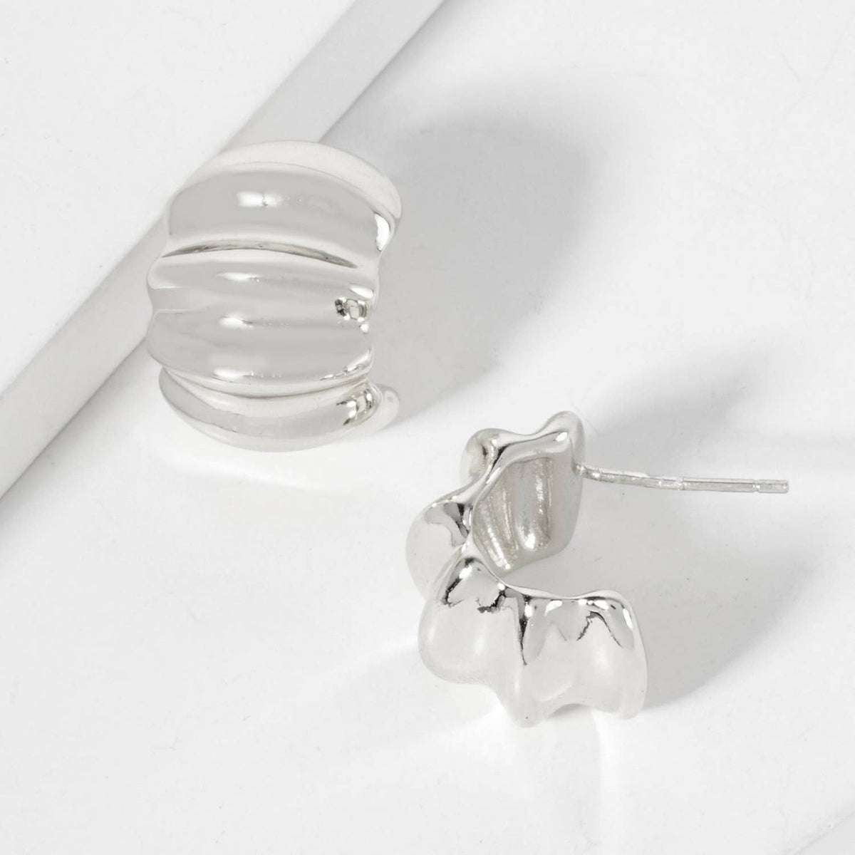 Polished Metal Textured 15mm Half Hoop Earrings