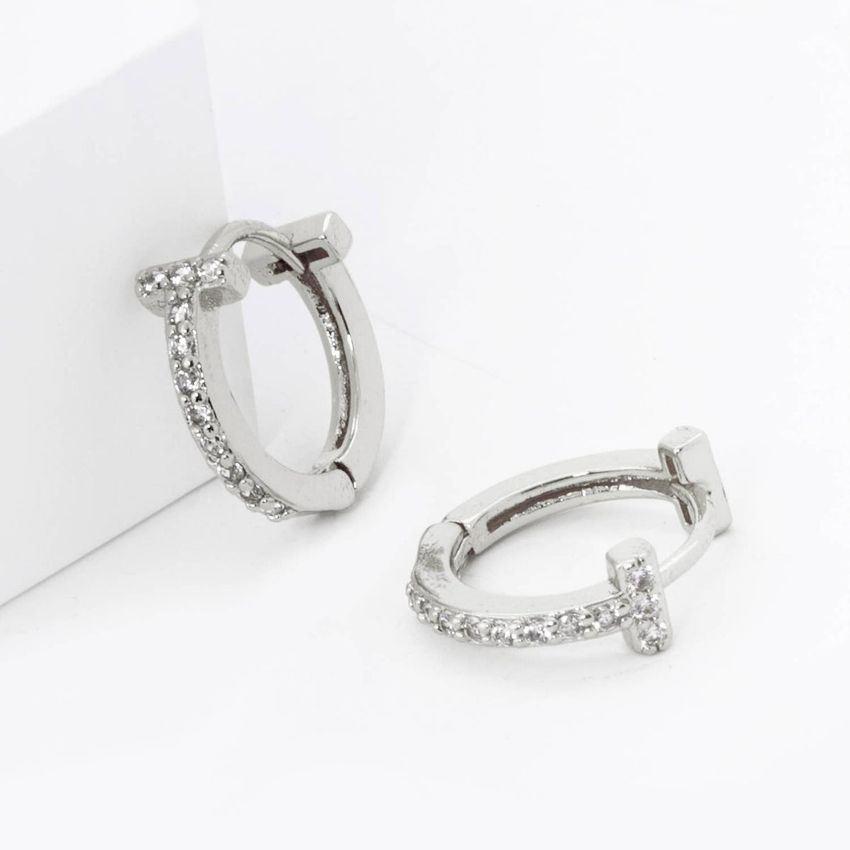 T Shape Cubic Zirconia 12mm Huggie Hoop Earrings.