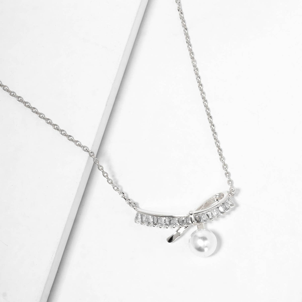 Dainty Baguette Crystal Bow & Pearl Drop Pendant Necklace