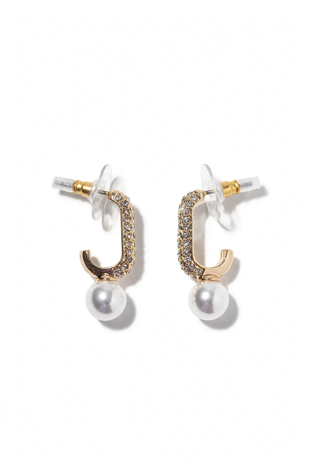 Crystal J-Hook Pearl Drop Earrings – Pavé Curve with Pearl