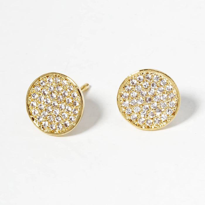 18K Gold Dipped CZ Pave 9mm Round Post Stud Earrings