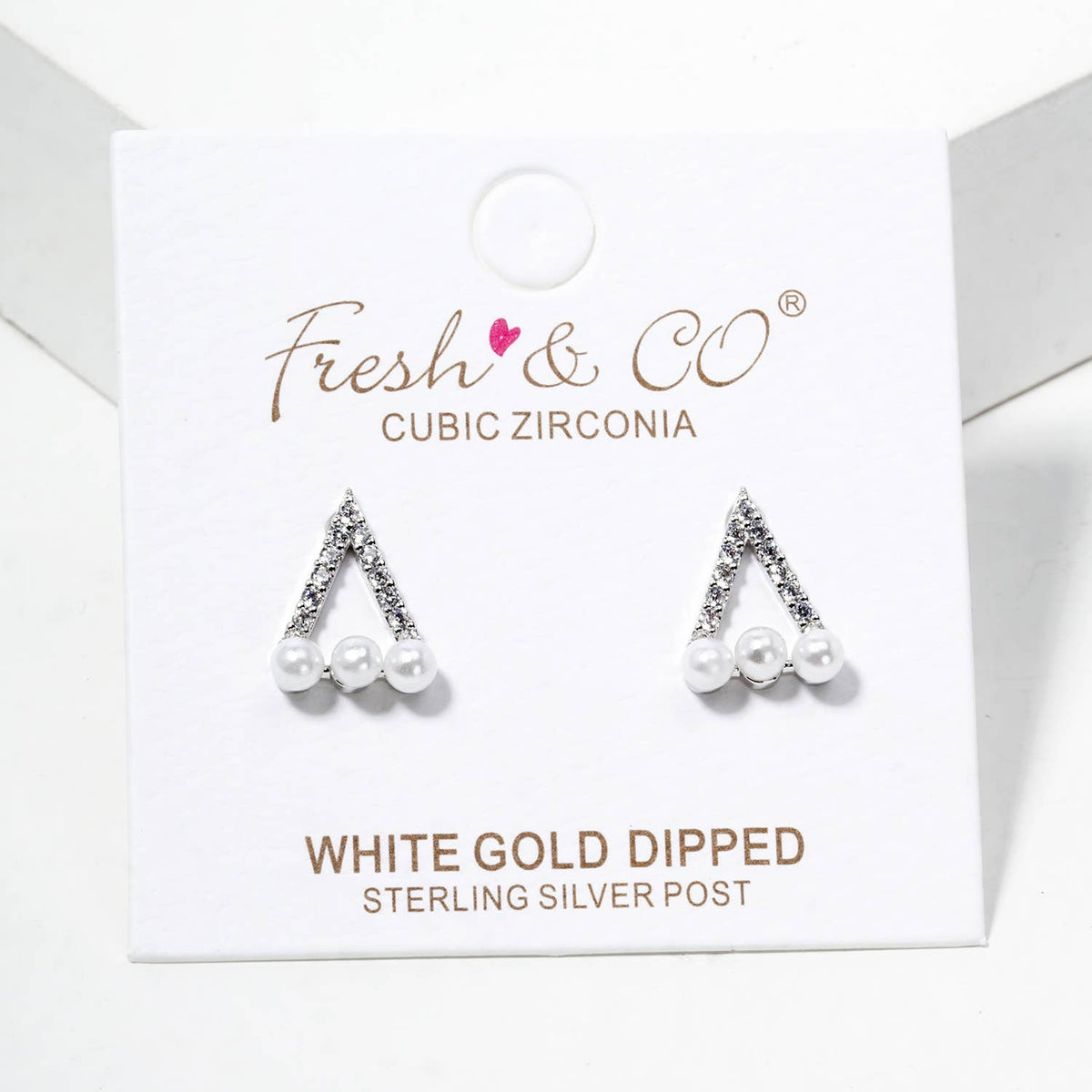 18K Gold Dipped Pearl CZ Pave Dainty Triangle Stud Earrings