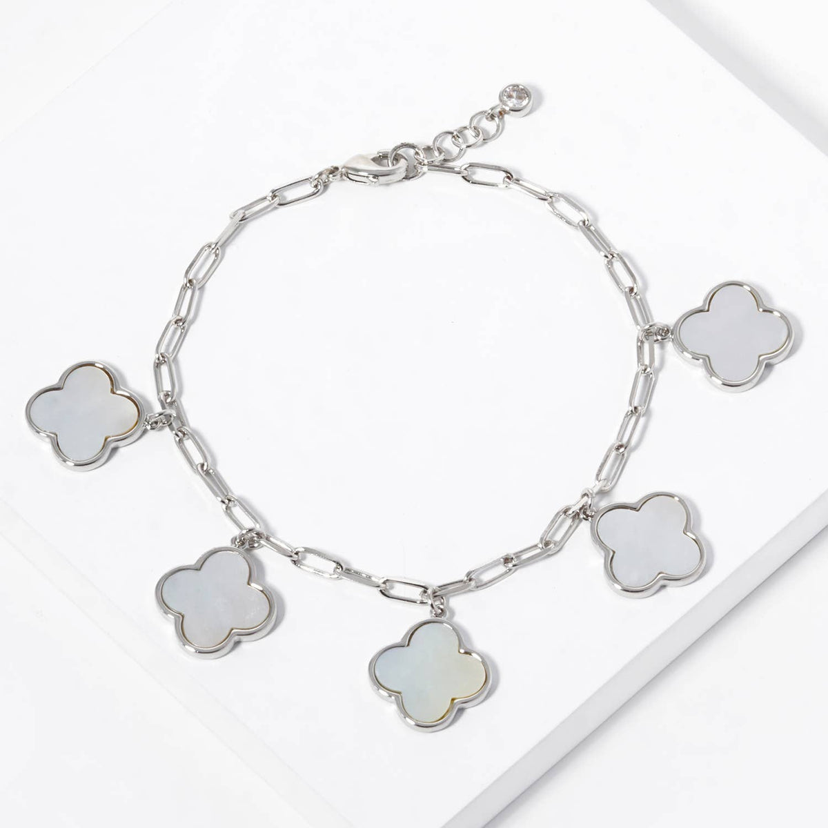 Mother of Pearl Clover Charm Paperclip Link Bracelet