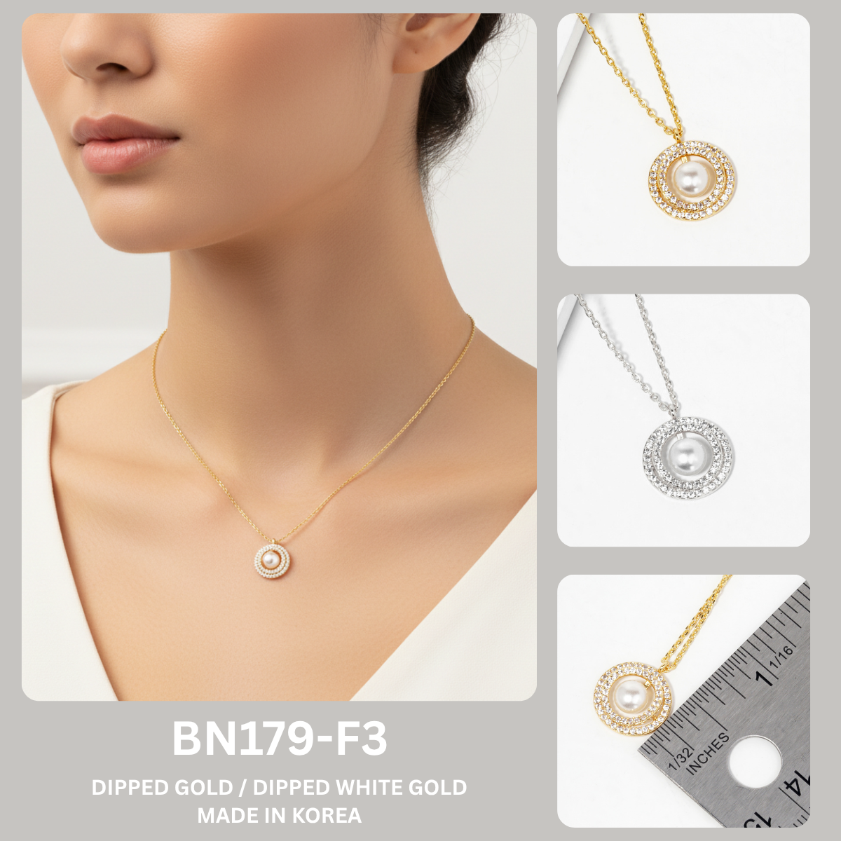 18K Gold Dipped CZ Pave Double Circle Pearl Pendant Necklace