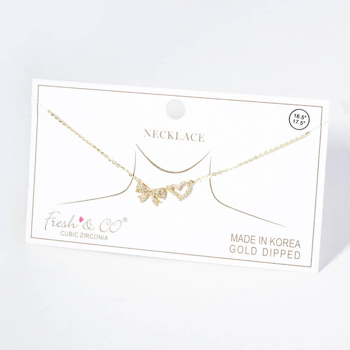 RIBBON HEART PENDANT NECKLACE / 18K GOLD DIPPED / CUBIC