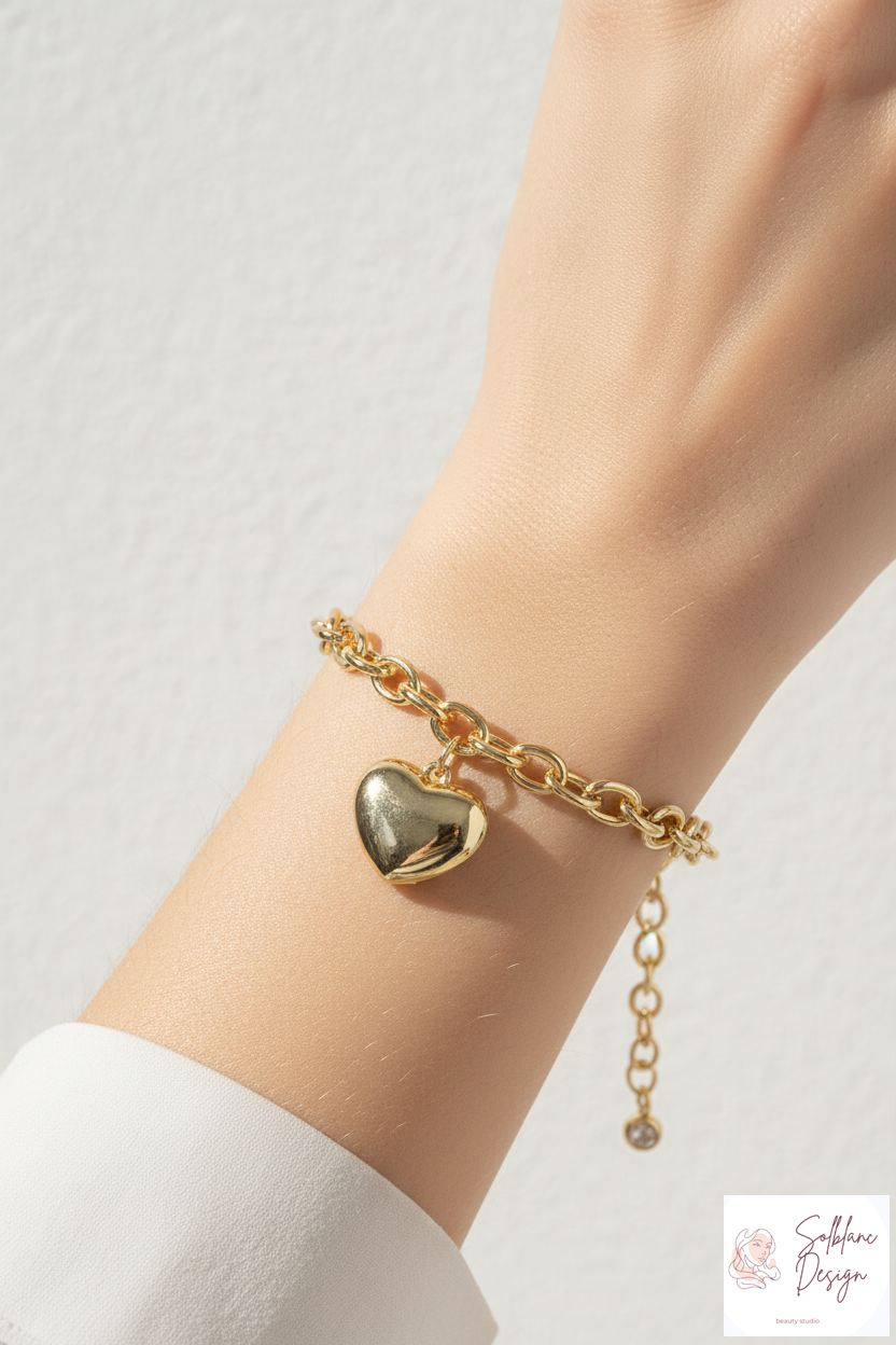 Puffed Heart Chunky Chain Bracelet with Easy Magnetic Clasp